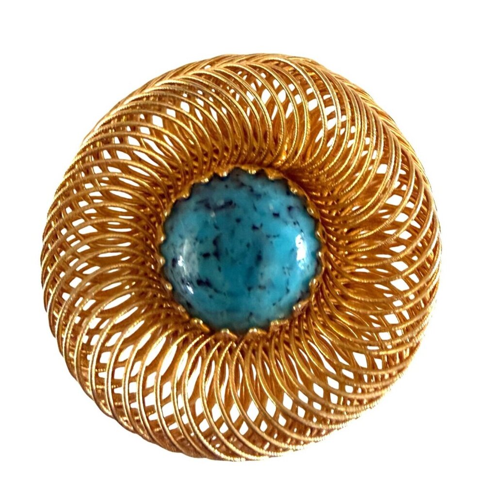 Vintage Gold Filigree Turquoise Cabochon Brooch Pin
